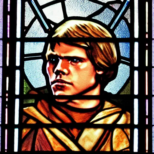 Prompt: A highly detailed insanely beautiful stained glass window of Luke Skywalker