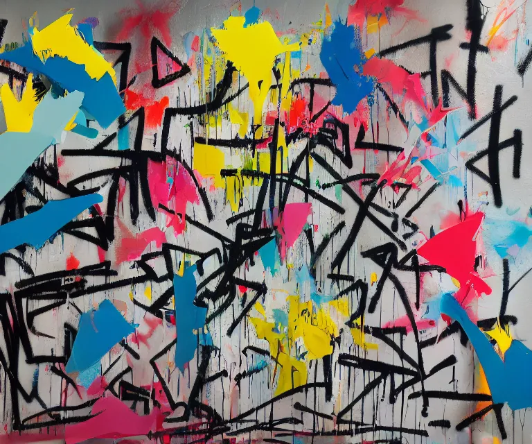 Prompt: acrylic and spraypaint, painting, paint drips, acrylic, graffiti throws, wildstyle, clear shapes, spraypaint, smeared flowers, origami crane drawings, oil pastel gestural lines, large triangular shapes, painting by ashley wood, basquiat, banksy