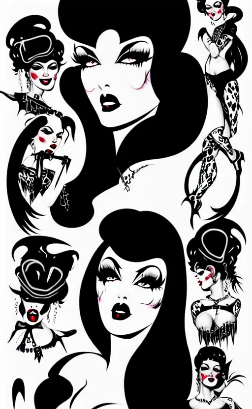 Image similar to goth girl with a detailed face and black hair, burlesque psychobilly, rockabilly, punk, white background, vector art, illustration by frank frazetta