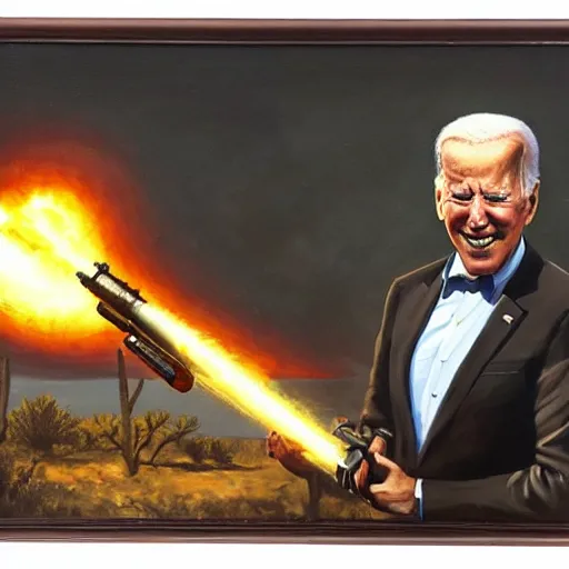 Prompt: oil painting Joe Biden with glowing eyes, looking stern, holding an RPG, in a desert landscape, epic, dark