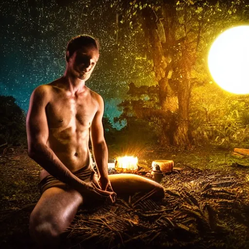 Image similar to spartan doing ayahuasca ritual at camp fire, jungle background, full moon with stars, hyper realistic award winning photographic portrait, dramatic cinematic lighting