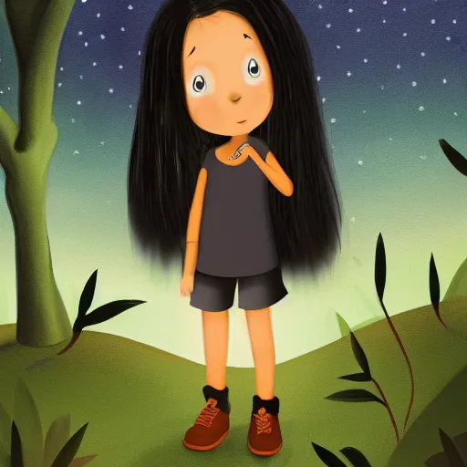 Prompt: female child with long curvy black hair, wearing reen and brown clothing, cartoon, dark forest, night, painting