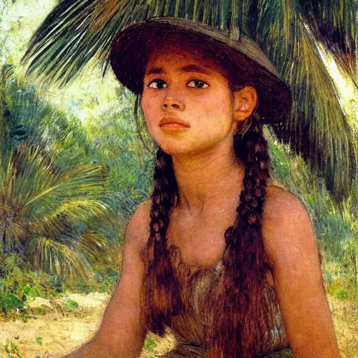 Prompt: a ultradetailed beautiful painting of a girl on amazonas by jules bastien - lepage, hans belmer, frank weston and gustave baumann, trending on artstation, mediterranean, palm trees, light sparkles, sharp focus, soft light