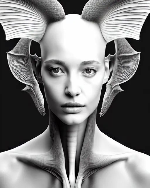 Prompt: a black and white 3D render of a beautiful portrait of a young female angelic-dragon-cyborg face with a very long neck, 150 mm, orchids, Mandelbrot fractal, anatomical, flesh, facial muscles, veins, arteries, full frame, microscopic, elegant, highly detailed, flesh ornate, elegant, high fashion, rim light, ray trace, octane render in the style of H.R. Giger and Man Ray, Realistic, Refined, Digital Art, Highly Detailed, Cinematic Lighting, rim light, black and white, photo-realistic Unreal Engine, 8K