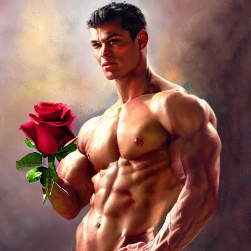 Prompt: A muscular male holding a rose, oil on canvas by Frank Frazetta, digital art, Mandy Jurgens, WLOP, CGSociety