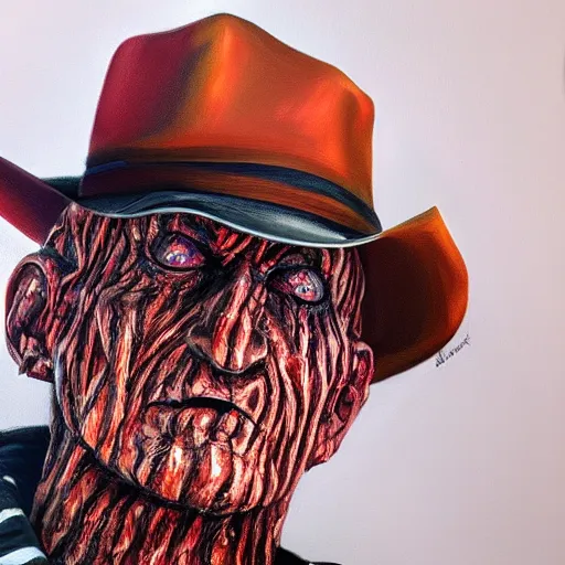 Image similar to an ultra - realistic portrait painting of freddy krueger in the style of alex ross. 4 k. ultra - realistic. highly detailed. epic lighting.