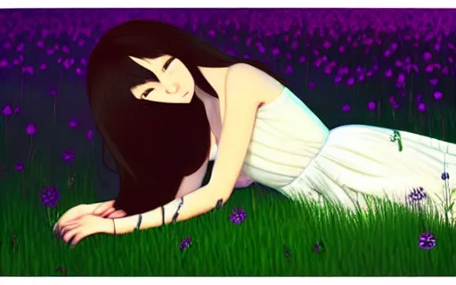 Image similar to little girl with her long black hair dressed in a simple white dress laying down on a flowery field, anime art style, digital art by ilya kuvshinov, inspired by balthus, hd, 4 k, hyper detailed, rear view