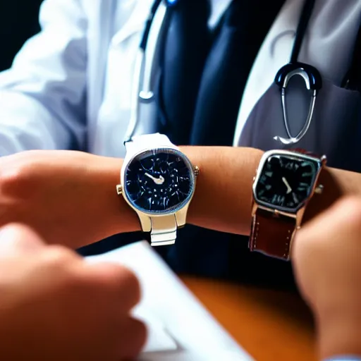 Prompt: A Pround doctor looking at his new watch, cinematic view, high quality