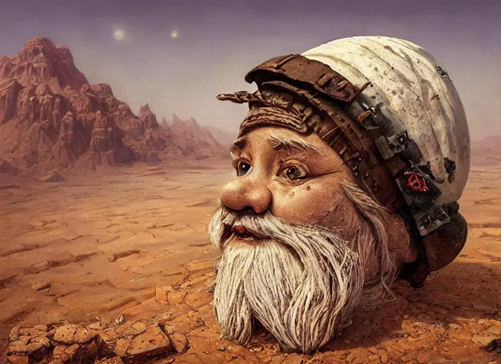 Image similar to a highly detailed forgotten garden gnome surviving in a vast barren desert, hopeless wasteland background with a relentless raging sun overhead, hot, oppressive, an ultrafine detailed painting by by karol bak and filip hodas, trending on deviantart, pop surrealism, whimsical, lowbrow, perfect symmetrical face, sharp focus, masterpiece