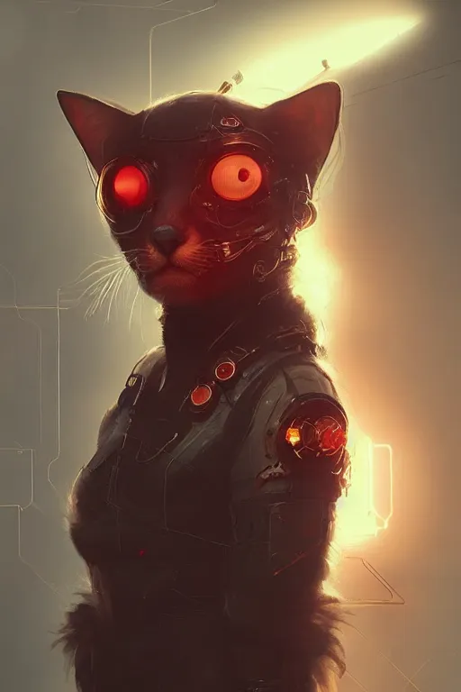 Image similar to A a very cute cyberpunk cat character, red hair, metal parts, glowing eyes, profile picture by Greg Rutkowski, Matte Painting, trending on the artstation