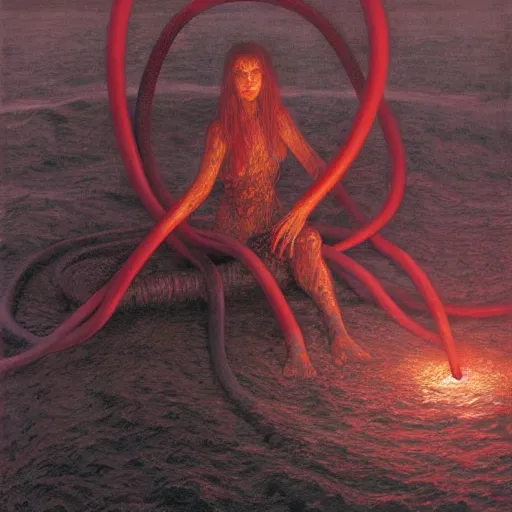 Image similar to portrait, shore of the lake, woman, wrapped around by tubes and cables, short black curly hair, glowing red, by edgar maxence and ross tran, zdzisław beksinski, and michael whelan, distant, gustav dore, h. r. giger, 8 k, octane render