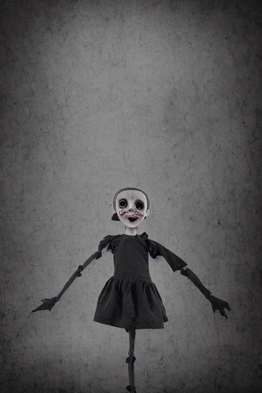 Prompt: a photo graph of a tpose creepy doll on black back ground