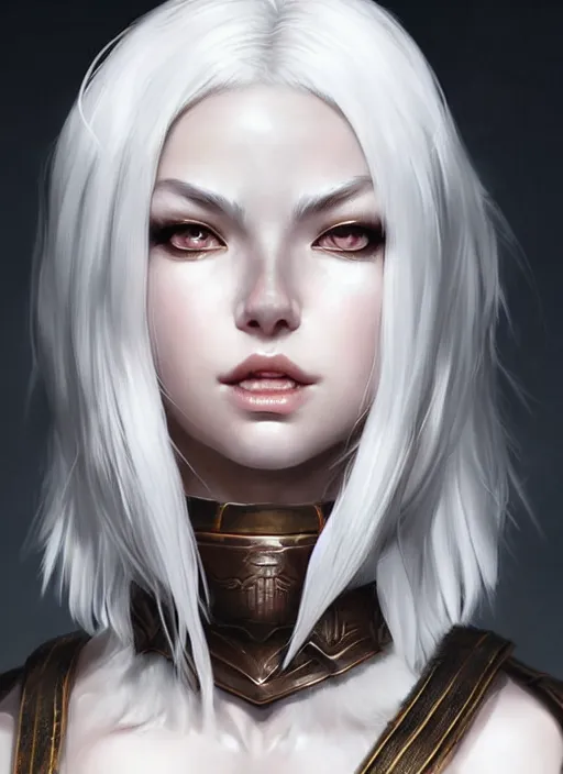 Image similar to warrior, fur leather armor!!! beautiful and elegant white hair female!! gorgeous ayes!! character concept art, sharp focus, octane render! unreal engine 5! highly rendered!! trending on artstation!! detailed linework!! illustration by artgerm, wlop, and chie yoshii