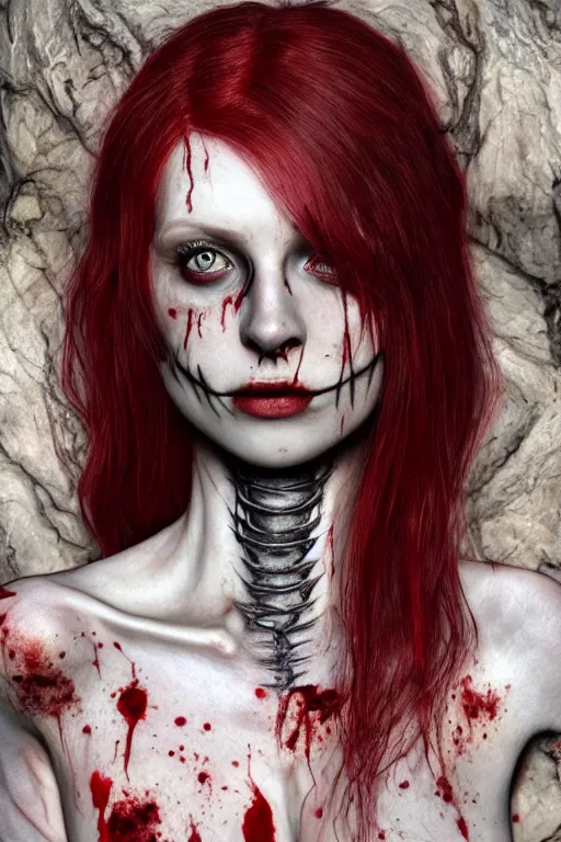 Prompt: pale woman covered with blood, rolyatistaylor face!!!, red hair, skeleton full body tattoo, ultra realistic, concept art, intricate details, highly detailed, 4 5 mm. photorealistic, octane render, 8 k, unreal engine. film still, heavy grain, 3 5 mm, art by artgerm and greg rutkowski and alphonse mucha