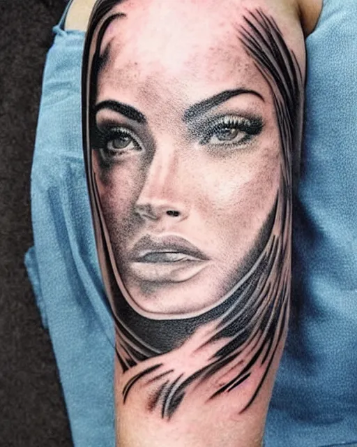 Prompt: creative double exposure effect tattoo design sketch of megan fox blended in beautiful mountain scenery, realism tattoo, in the style of matteo pasqualin, amazing detail, sharp