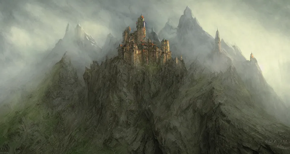 Image similar to castle on a misty mountain by John Howe and Jeff Easley and Craig Mullins, concept art, HD, 8K