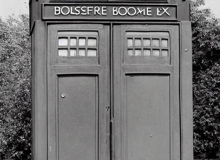 Image similar to photo of a metropolitan police box on a street in suburban london, police box, 1936, sepia