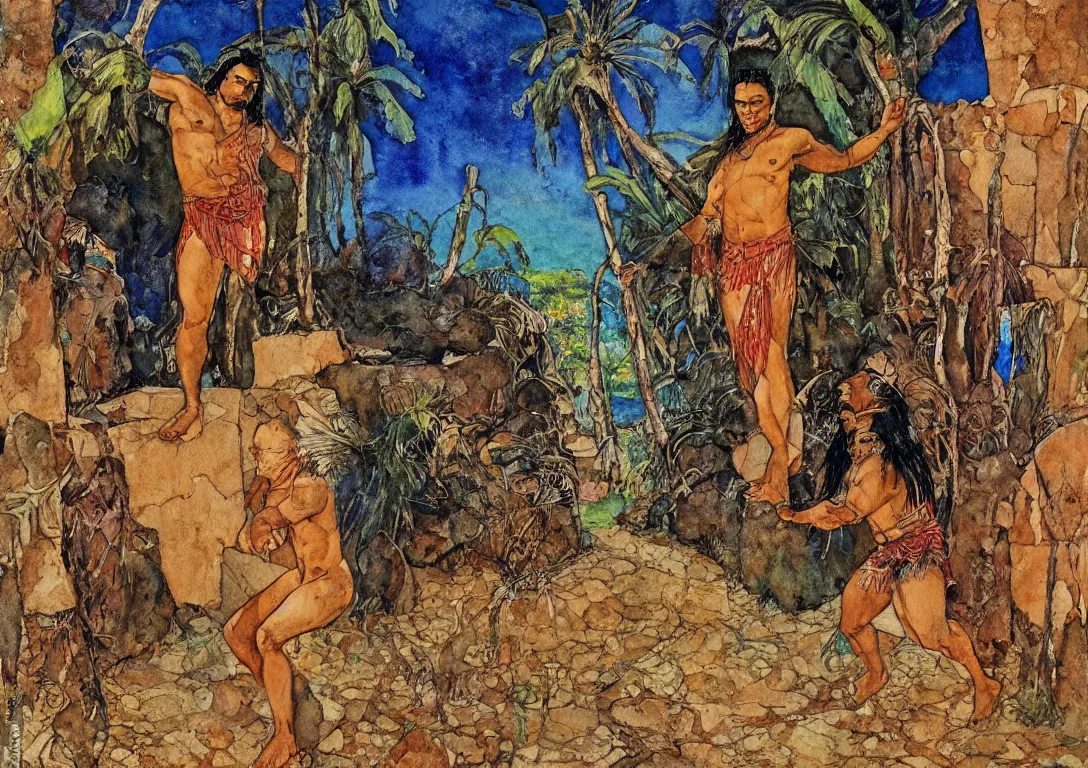 Image similar to watercolor of a polynesian greek god seeking their lover through the streets of an abandoned village, sparse detail, complementary color scheme, by george luks, mati klarwein and moebius