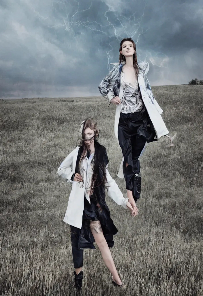 Image similar to fashion editorial in front of tornado storm on a field.