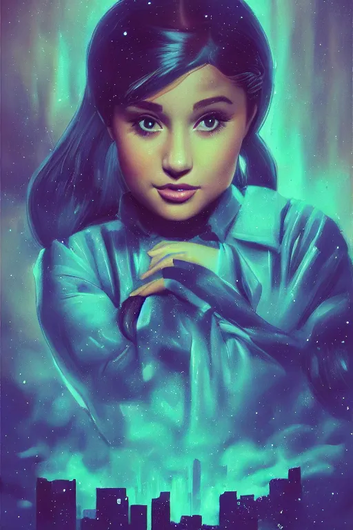 Image similar to chubby ariana grande, in the style of johan grenier and john picacio and alan m. clark, trending on artstation, bioluminescence tilt - shift blade runner 2 0 4 9, crayon art, futuresynth, splash art, post - minimalism