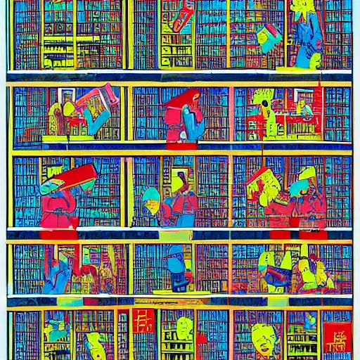 Image similar to a chinese prison, in the style of daniel johnston and outsider art, 8 k, line brush, minimal, brightly coloured, flat blocks of color, overlaid with chinese adverts