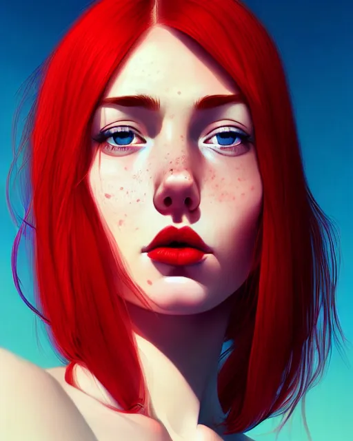 Image similar to a detailed portrait of a beautiful!! woman with red hair and freckles by ilya kuvshinov, digital art, dramatic lighting, dramatic angle