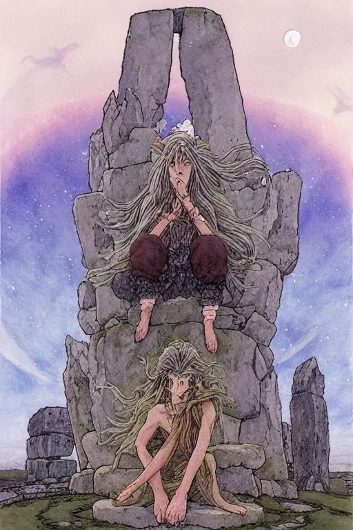 Image similar to a hyperrealist studio ghibli watercolor fantasy concept art of a giant long haired grey witch in lotus position sitting on top of stonehenge with a starry sky in the background. a ufo is in the sky. by rebecca guay, michael kaluta, charles vess