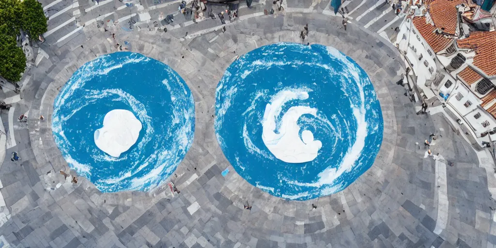 Image similar to A white and blue marble sculpture of The Great Wave off Kanagawa in the middle of an empty Italian piazza, midday, 4k photograph, sunny day, long shot, overhead view, far away