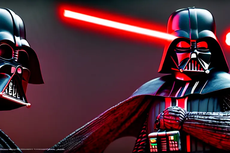 Image similar to darth vader as a battle - hardened samurai demon warlord with sinister kabuto and terrifying men - yoroi mask, with armor intricately engraved with glowing red ancient rune symbols, and adorned with demon skulls, by ayami kojima, unreal engine 5, octane render, 3 d