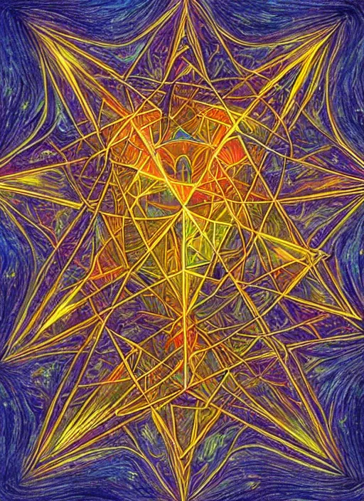 Image similar to star tetrahedron, psychedelic art, ray tracing, alex grey
