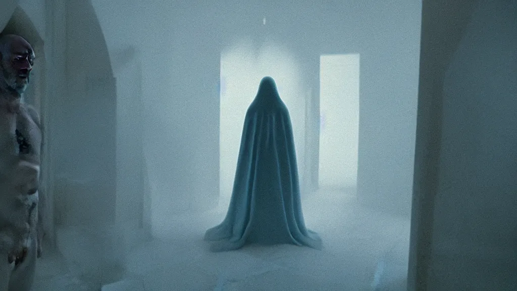 Prompt: an iridescent ghost stands alone in the bathroom, film still from the movie directed by Denis Villeneuve with art direction by Zdzisław Beksiński, wide lens