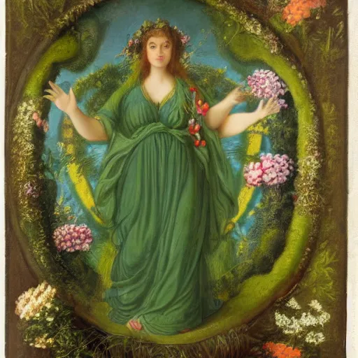 Image similar to portrait of the goddess of nature dressed in a green dress surrounded by flowers and nature