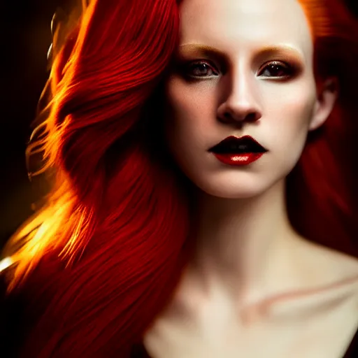Prompt: majestic gracious regal aristocratic female red haired vampire portrait, aesthetically pleasing, atmospheric lighting, painted, seductive, menacing, intricate, volumetric lighting, beautiful, rich deep colours masterpiece, golden hour, golden ratio, sharp focus, ultra detailed, by leesha hannigan, ross tran, thierry doizon, kai carpenter, ignacio fernandez rios