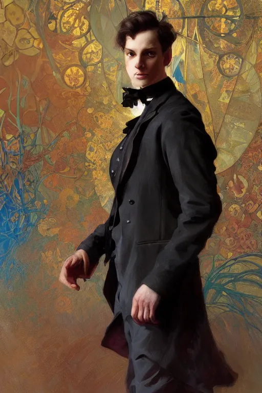 Image similar to an intricate artistic pose painting of a beautiful young victorian gentleman with an artistic pose wearing a beautiful victorian suit, hyper detailed, octane render, vivid colors, artstation, by jeremy mann, alphonse mucha, by boris vallejo