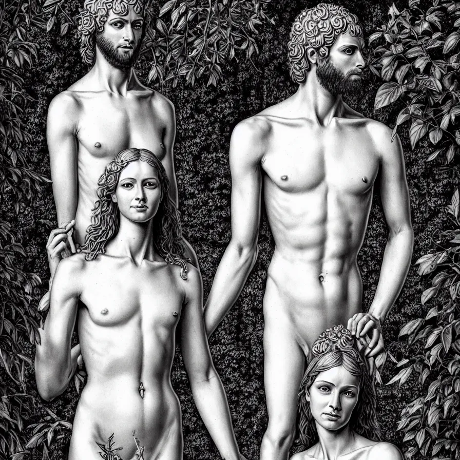 Prompt: hyperrealistic full body image of adam and eve in the garden, symmetrical face, handsome face, beautiful face, full body image, medieval art, intricate, highly detailed, elegant, artstation, deviantart