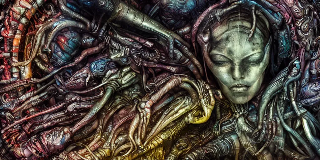 Prompt: dreamscape, giger, alien, vivid colors, colorful, anatomical, highly detailed sculpture, intricate detailed, ommatidia, 8 k, cinematic atmosphere, post - processing