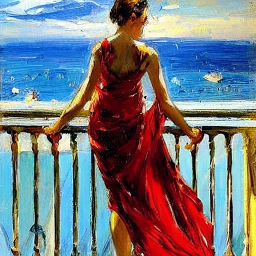 Image similar to the maiden standing on the balcony overlooking the aegean sea by andrew atroshenko impressionist portrait