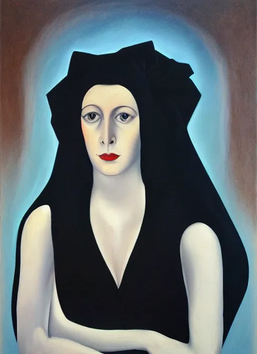 Image similar to oil painting of portait Queen of Ecstasy, dark hair, veil, black dress, Hungarian, by Georgia o Keeffe, by Marcel Jankowicz, 🥵