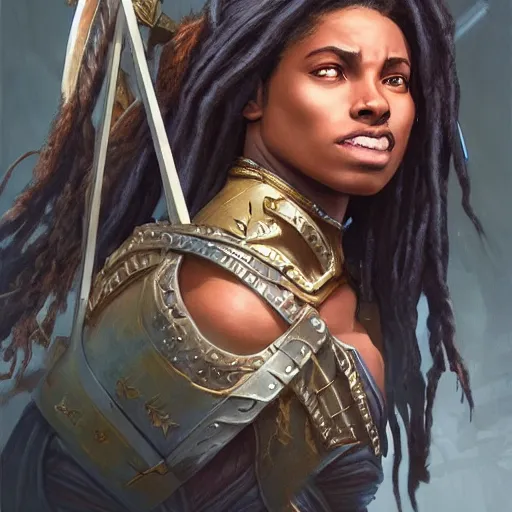 Image similar to a strong, dark-skinned female archer with dreadlocks, carrying the head of an orc, D&D, highly detailed, digital painting, artstation, concept art, sharp focus, illustration, cinematic lighting, art by artgerm and greg rutkowski and alphonse mucha