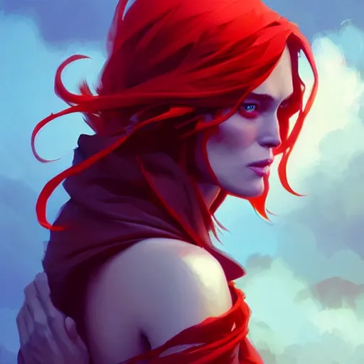 Image similar to beautiful female mage with red hair, keira knightley, black clothing, dark feathered wings, intricate, highly detailed face, cory behance hd by jesper ejsing, by rhads, makoto shinkai and lois van baarle, ilya kuvshinov, rossdraws global illumination