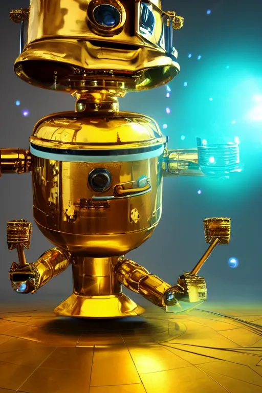 Image similar to portrait photo of a huge golden and blue metal steampunk robot wearing a big chef hat, with steaming pots and pans and tubes, eyes are green lights, shiny crisp finish, 3 d render, 8 k, insaneley detailed, fluorescent colors, background is multicolored lasershow