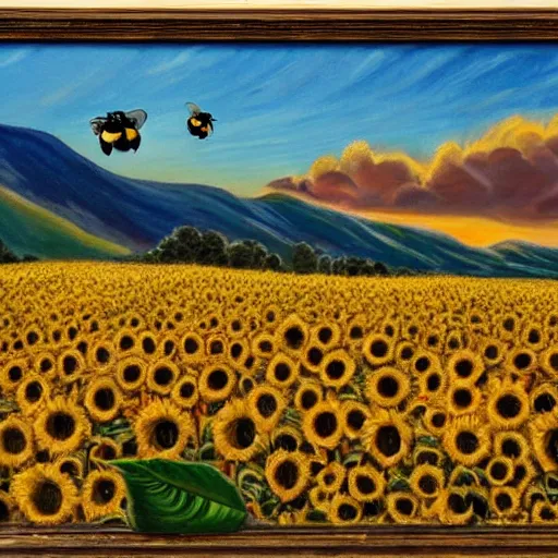 Image similar to painting of a man looking out into a sunset behind hills, bees around him, clouds everywhere in a sunflower field