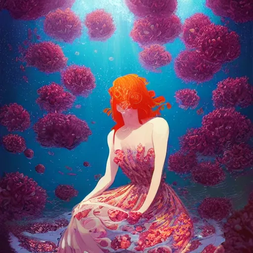 Image similar to Ginger woman in a swirling sundress of flowers, underwater, floral explosion, radiant light, vortex of plum petals, by WLOP, Victo Ngai and artgerm, artstation, deviantart