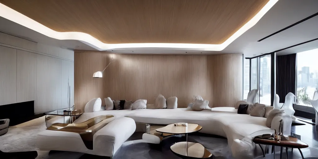 Prompt: living room designed by zaha hadid with wood paneling, metal structures, futuristic furniture, led lighting, minimalist interior design, modern architecture, photography