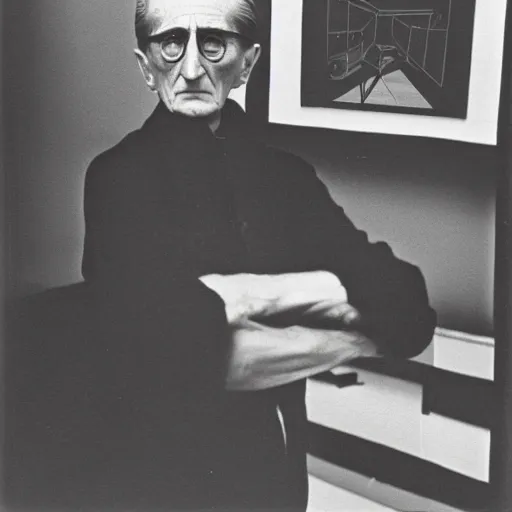 Image similar to underexposed photo of Marcel Duchamp in a minimal room with an ancient machine, tri-x, archival pigment print in the style of Hito Steyerl and Trevor Paglen, contemporary art