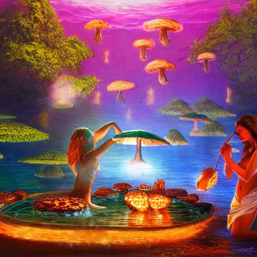 Prompt: goddess of mushrooms bathing in the glowing lake, fantasy painting