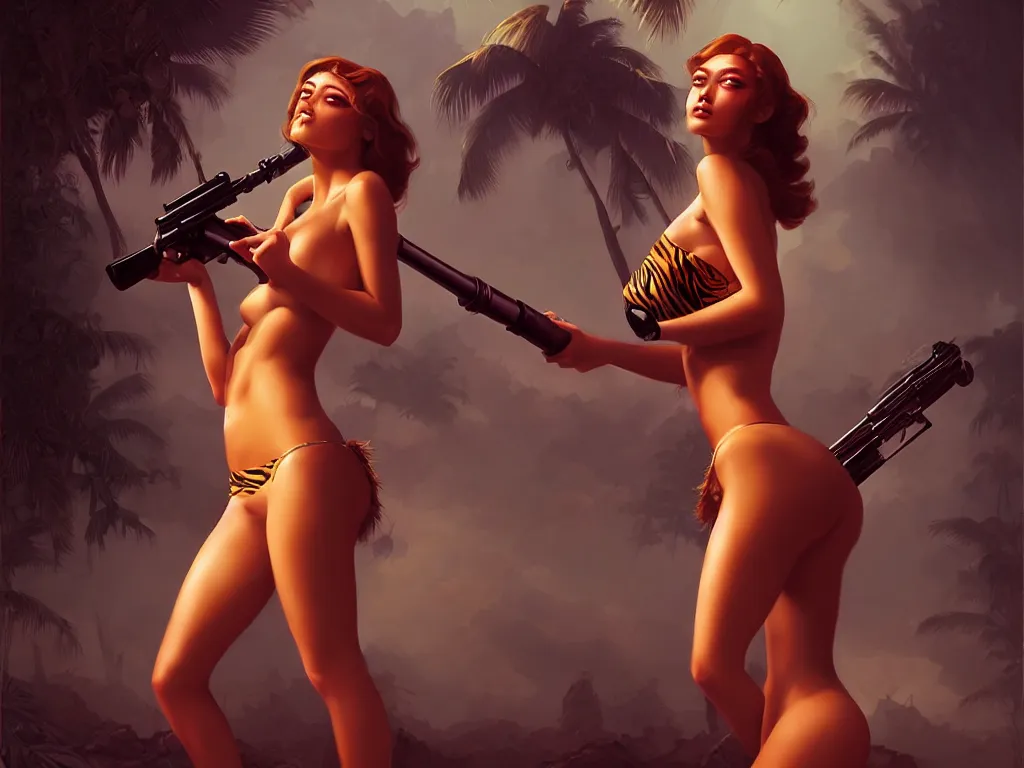 Prompt: beautiful digital art of the girl in bikini shoots bazooka, jungle, renaissance, atmospheric dramatic lighting, wlop, boris vallejo, jamie hewlett and z. w. gu, ultra detailed, cinematic, masterpiece, behance contest winner