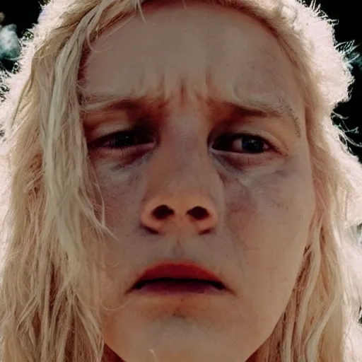 Prompt: Midsommar cult portrait of woman with blond hair crying under harsh sunlight cinematic lighting film still