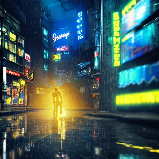 Prompt: highly detailed photorealistic image of batman from dc movies in rain, cyberpunk city street, blue and yellow neon lights, highly detailed reflection, studio quality 8k ultra high definition render, trending on ArtStation, real life quality image