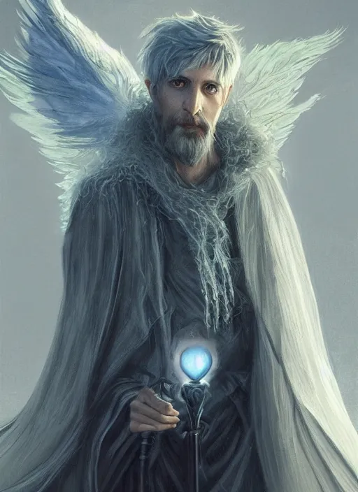 Image similar to Portrait of hexblade warlock angel, glowing white eyes, silver shaggy hair, short scruffy beard, cloak, teal ethereal tendril wings, male, fantasy, extremely detailed, digital painting, artstation, concept art, smooth, sharp focus, illustration, stunning lighting, art by artgerm and greg rutkowski and alphonse mucha and simon stalenhag, realistic character concept, high fantasy, light atmosphere, golden ratio, cinematic lighting, hyperdetailed, high resolution, insanely detailed and intricate, artstation, Marc Simonetti, Greg Rutkowski